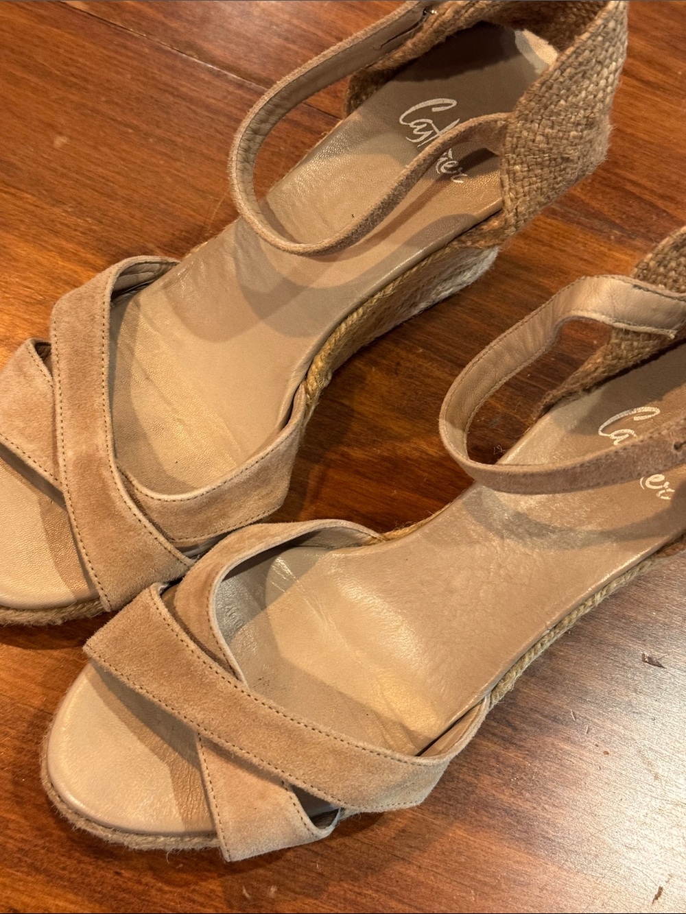 Castaner Bruna Espadrille Wedge Shoe 38 Taupe Sand Leather Open Casual Button - Picture 14 of 16